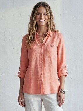 Olsen 100% linen button down shirt pastel salmon pink size 14